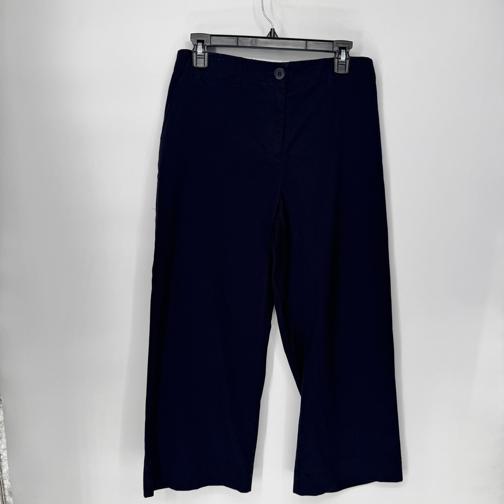 Lands End Womens Navy Blue Wide Leg Crop Pants Elastic Back Chino Trousers 10